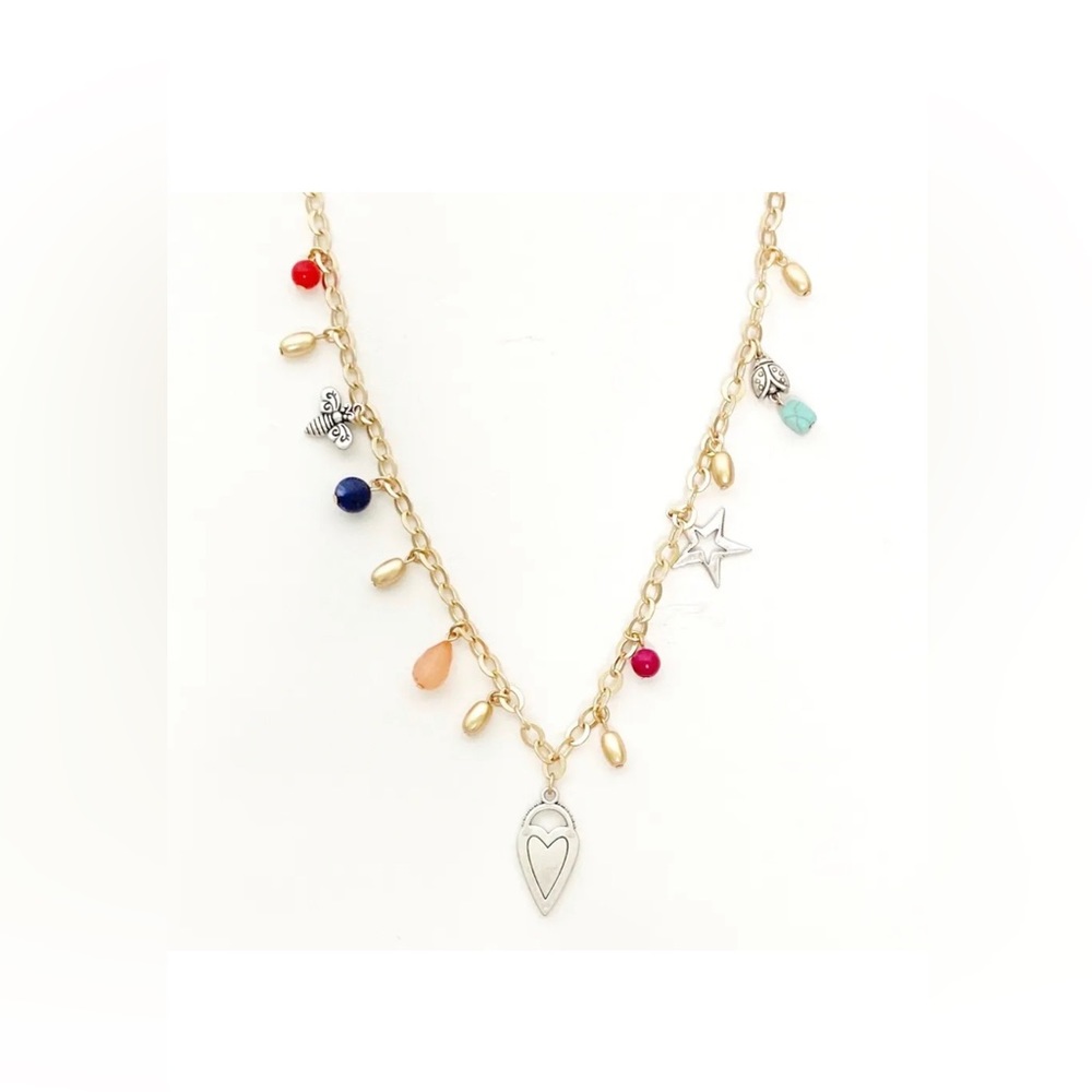 Chico's Long Bees Charm NWOT Gold/Silver Tone Heart Multi Color Beads Necklace